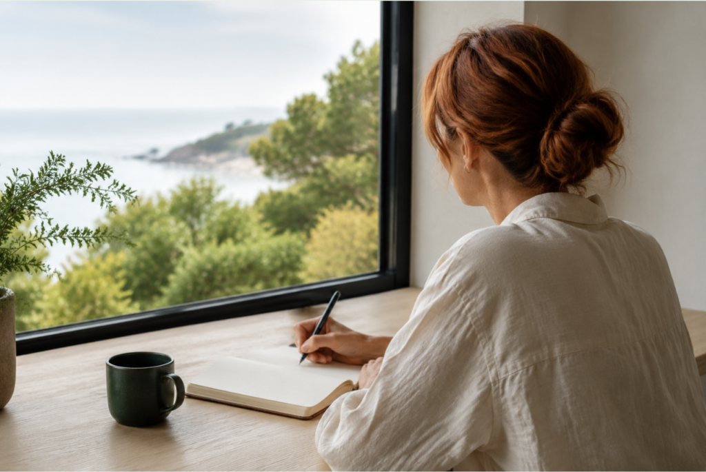 Mujer reflexionando y escribiendo durante un proceso de coaching