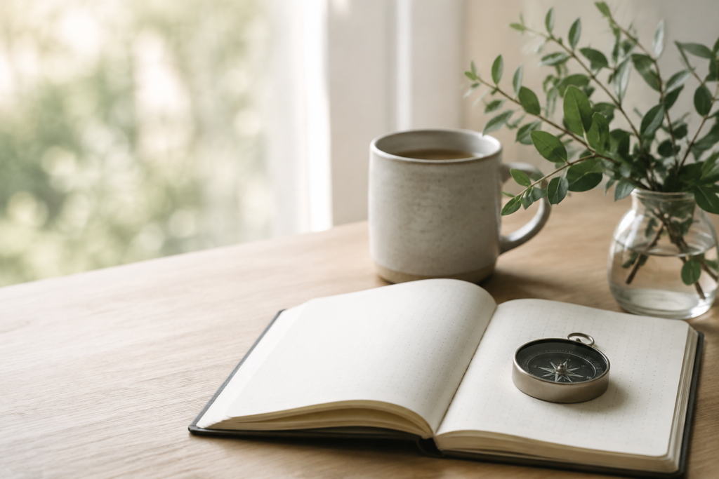 Libreta abierta con una brújula y una taza, imagen sobre valores personales y propósito de vida